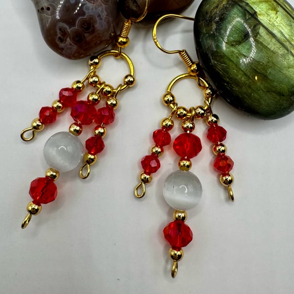 Red crystal and white cat eye stone earrings 