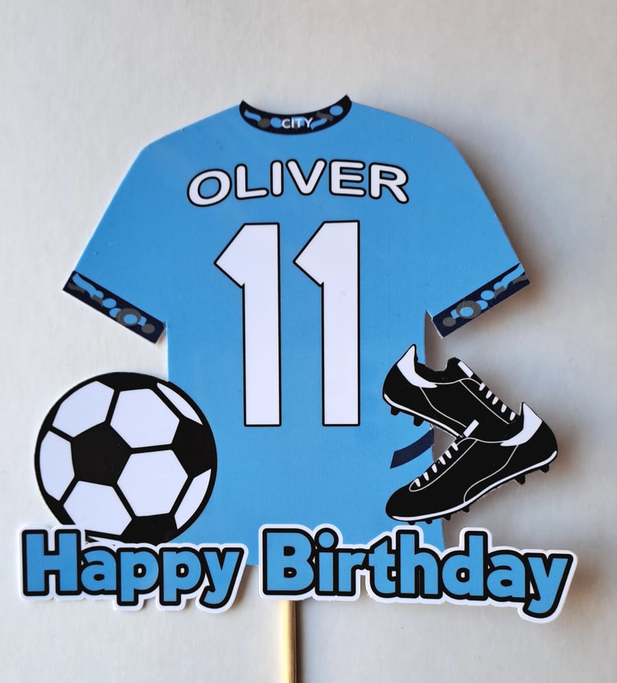 Man City style cake topper personalised. Football cake topper.