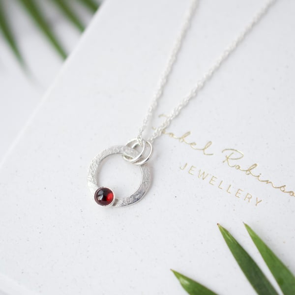 Red Garnet Gemstone Sterling Silver Circle Necklace