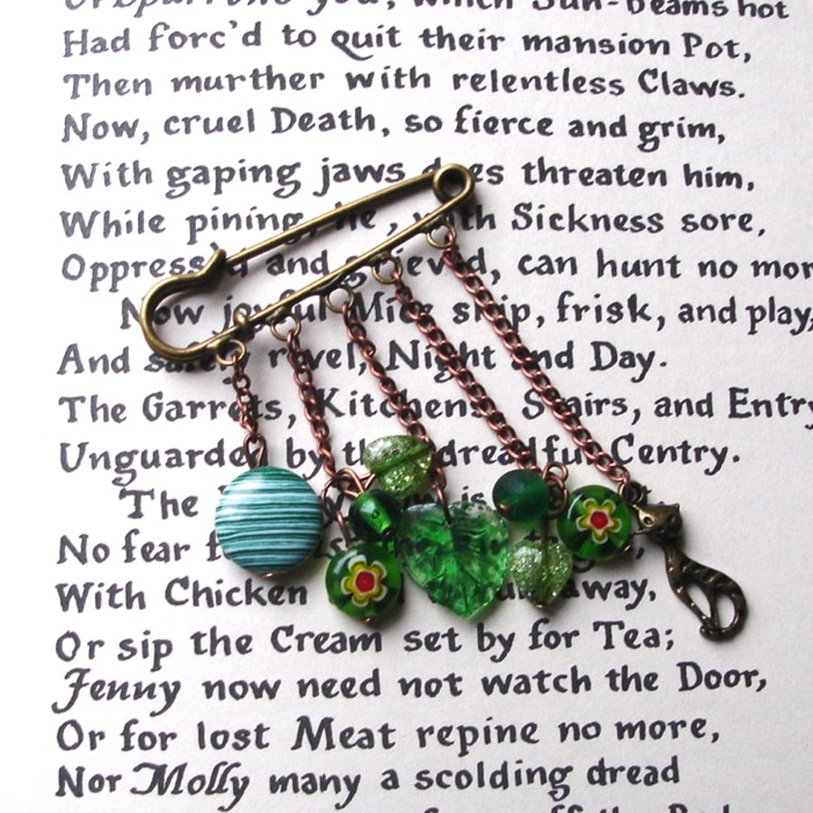 Kilt Pin Brooch in Green and Copper with Kitty Cat