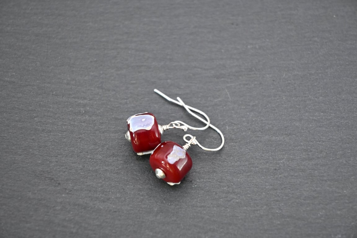 lampwork glass earrings dark red and ivory shards