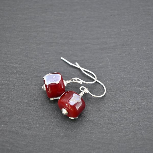 lampwork glass earrings dark red and ivory shards