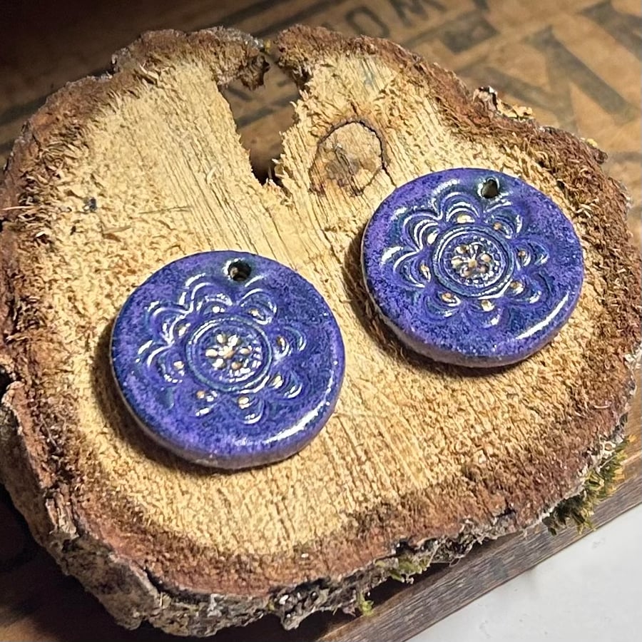 Pair of Handmade ceramic earring disc beads purple