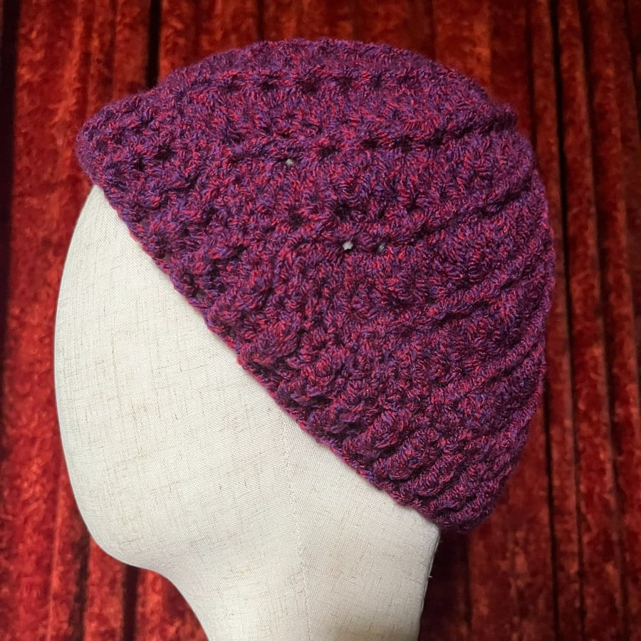 Burgundy Chunky Yarn Crocheted Swirly Beanie Style Hat 