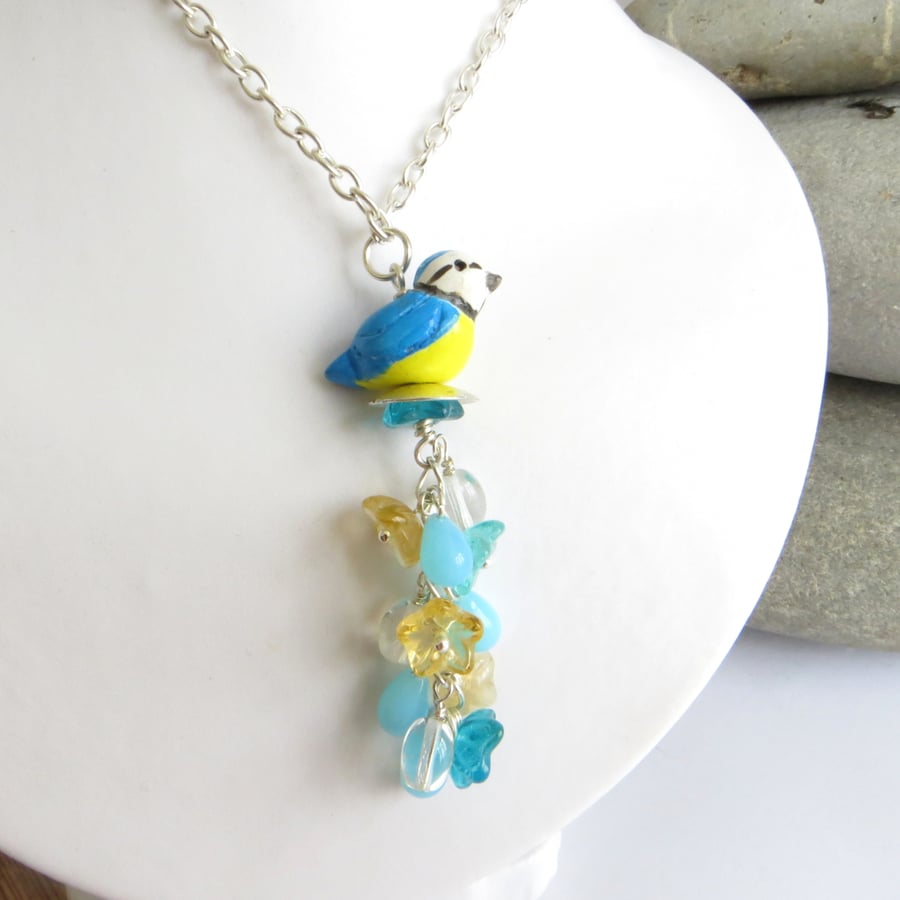 Blue Tit Necklace, Bird Necklace, Garden Flower Pendant, Long Necklace