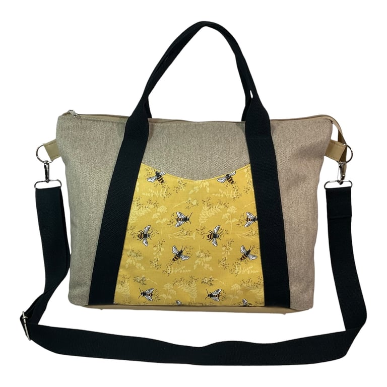 Knitting and crafting tote bag with zip top, large bee crossbody organiser