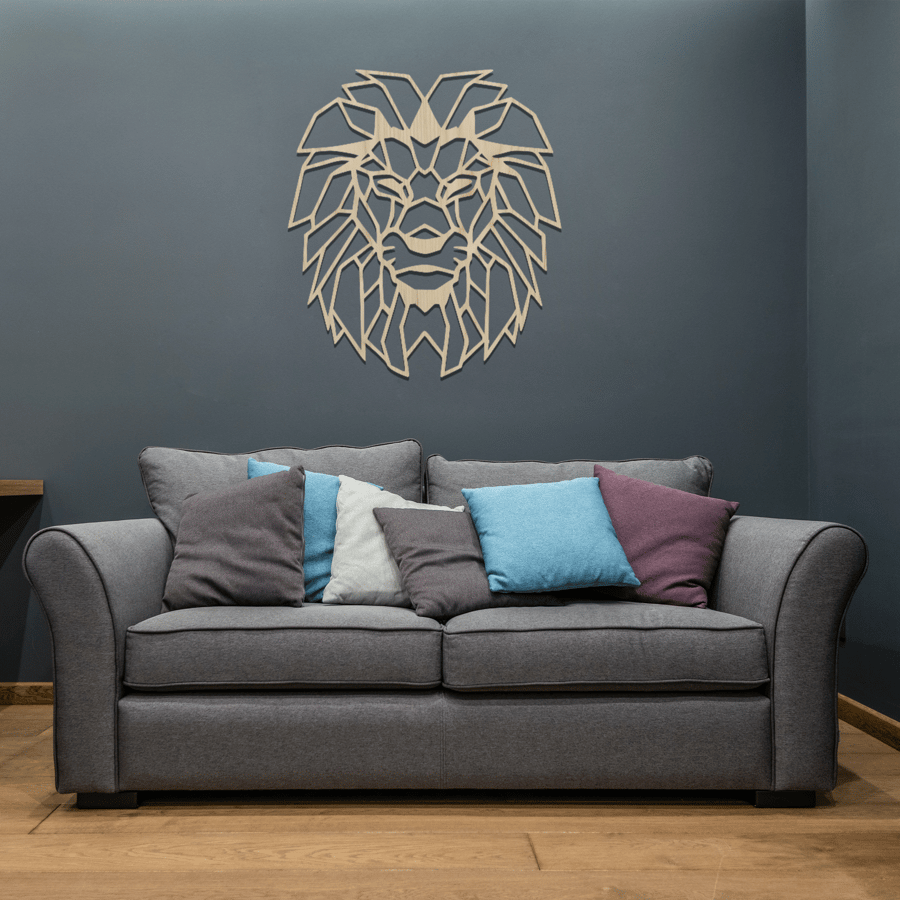 Wooden Lion Head Wall Art, Geometric Decor for Folksy