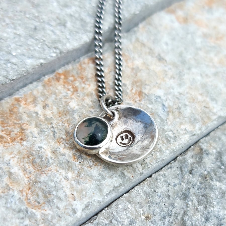 Tayside Moss Agate Personalised Handmade Scottish Hammered Domed Disc Necklace