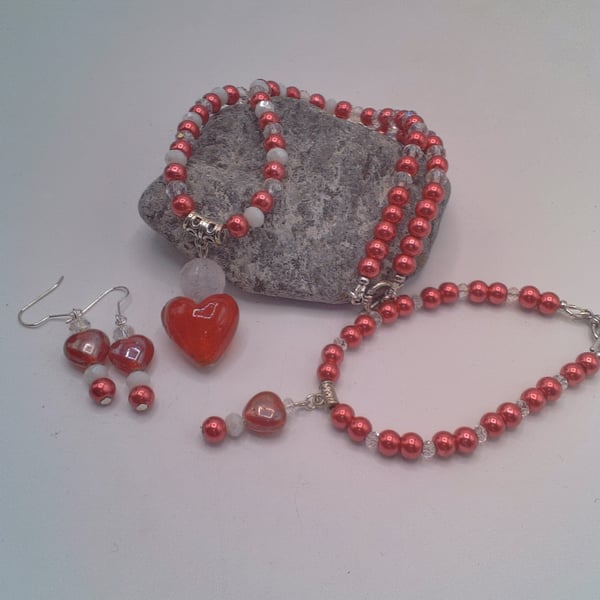 Red Pearl & Crystal Necklace, Bracelet & Earrings with Red Heart, Gift for Her
