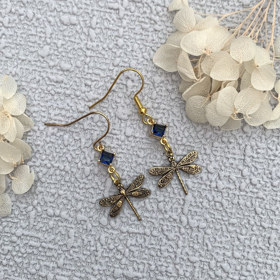 Vintage Style Antique Gold Dragonfly Drop Earrings
