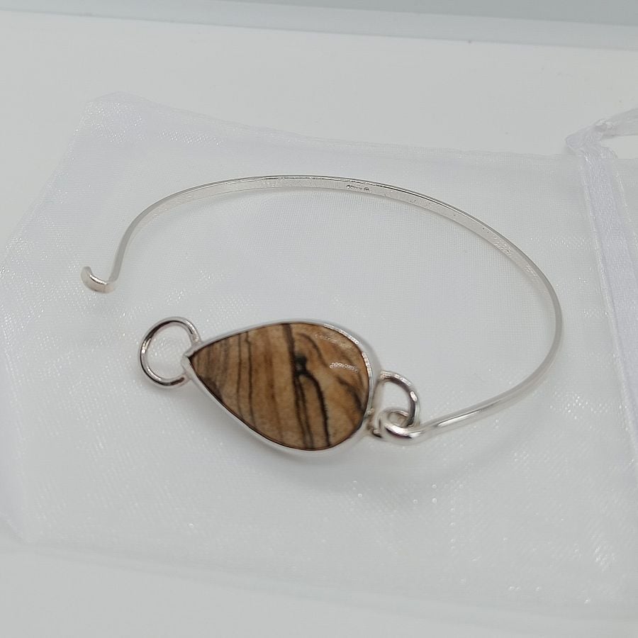 Image of Picture Jasper Oval Cuff Bangle Sterling Silver Hallmarked Gift for her 