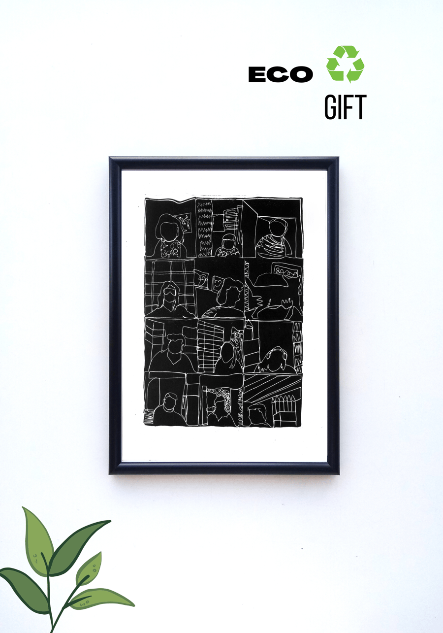 Handprinted ECO Linoprint Online Zoom Teams Print Creative Meeting Wall Art