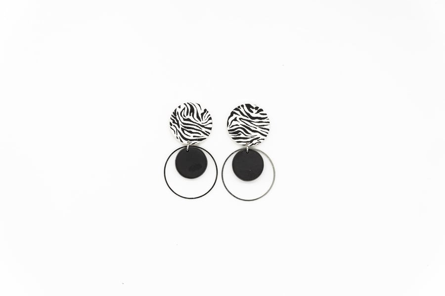 ANGELA Statement Earrings in Black and Zebra Print 