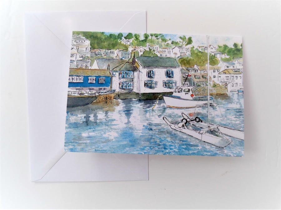 Blank greetings card Polperro harbour Cornwall from original watercolour size A5