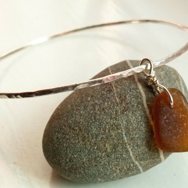 Recycled Sterling Silver Hammered Bangle with Amber Brown Seaglass Charm -Medium