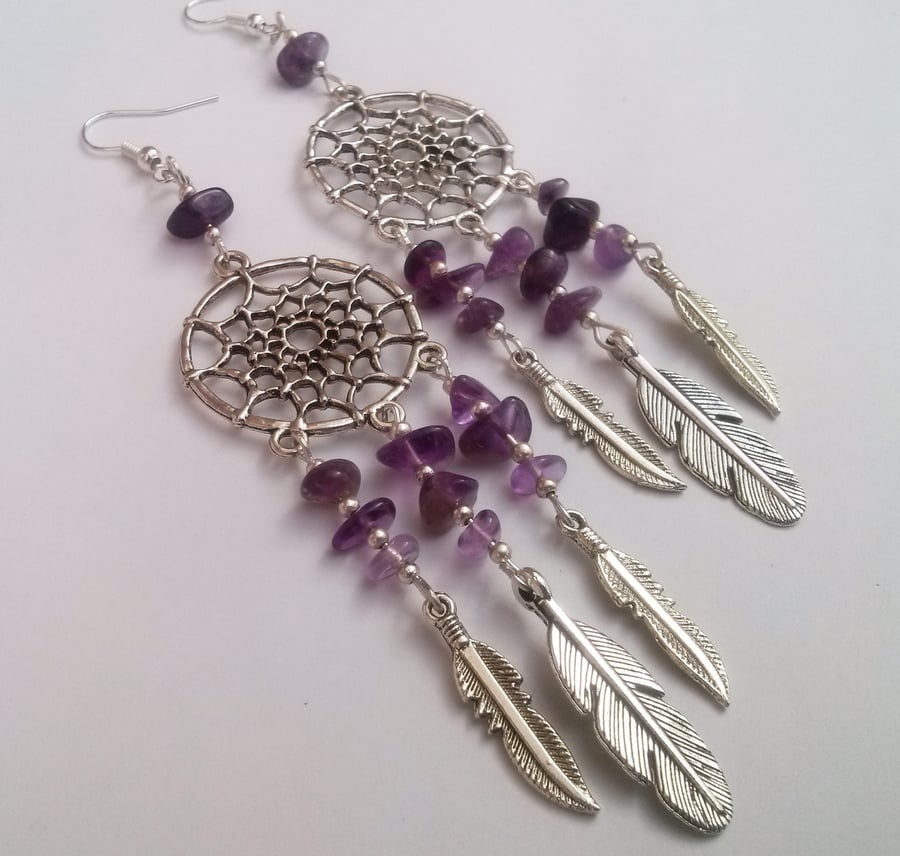 Silver Plate Purple Amethyst Dreamcatcher Dangling Earrings