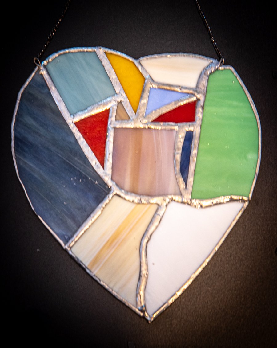 Multicoloured heart light-catcher made in copper foiled stained glass technique