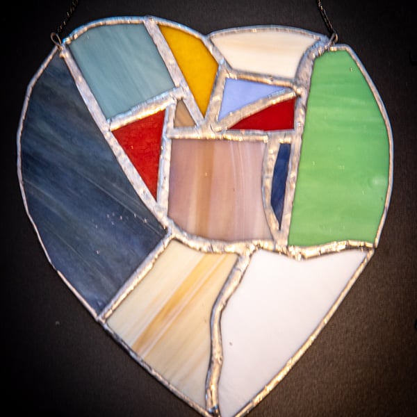 Multicoloured heart light-catcher made in copper foiled stained glass technique