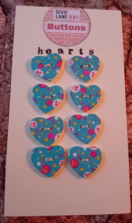 Set of Eight Heart Buttons – Turquoise and Dot design