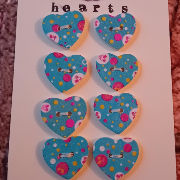 Set of Eight Heart Buttons – Turquoise and Dot design