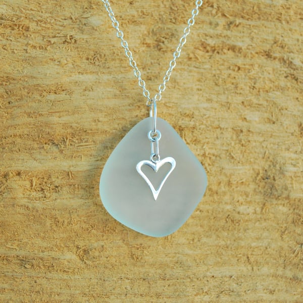 Aquamarine beach glass pendant with heart charm