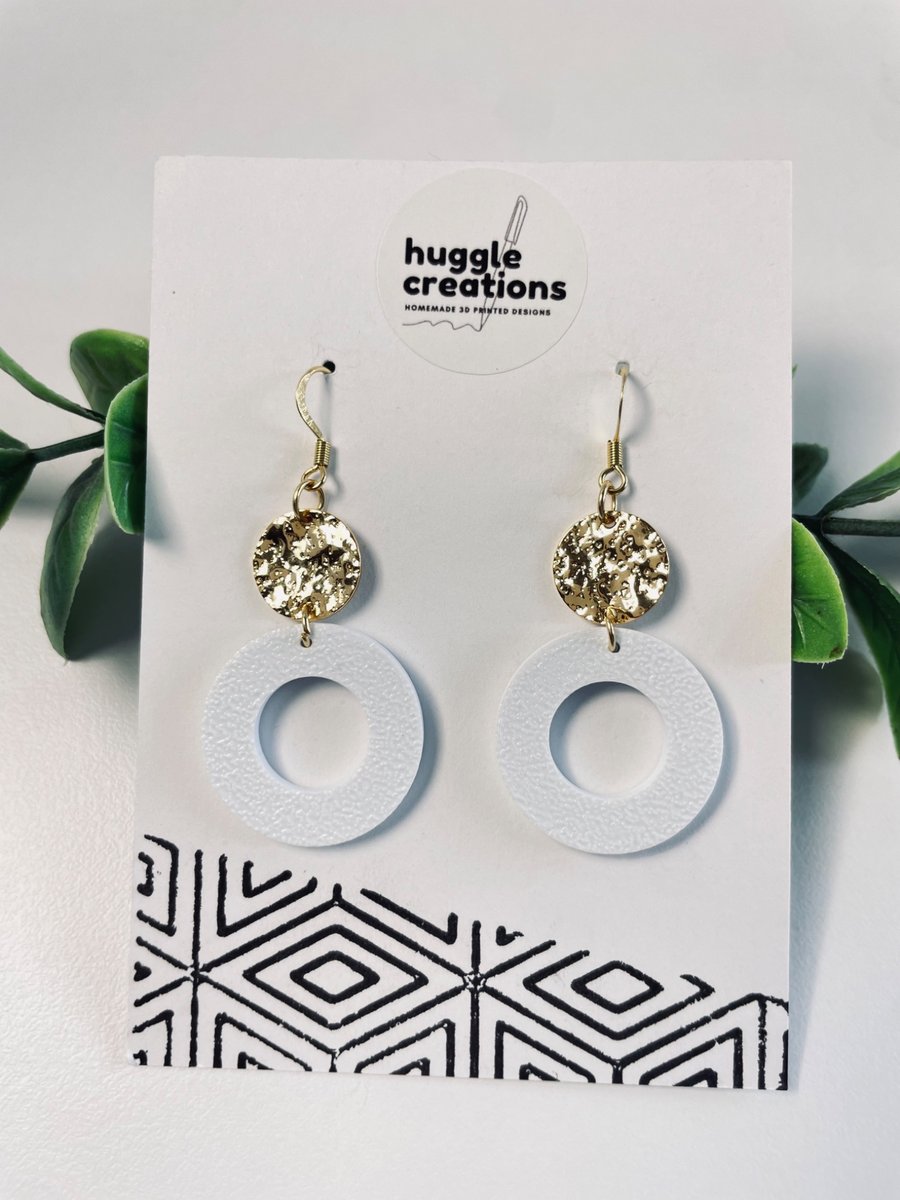 White Geometric Drop Earrings with Hammered Gold-Tone Discs