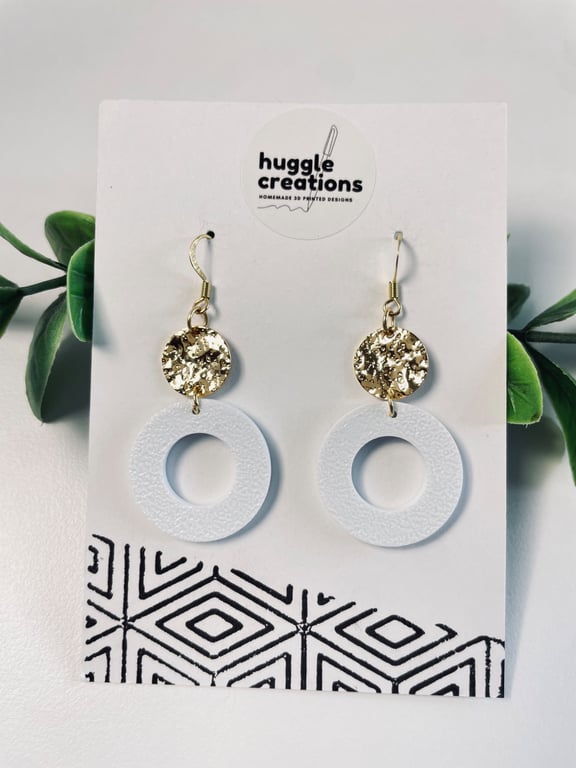 White Geometric Drop Earrings with Hammered Gold-Tone Discs