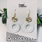 White Geometric Drop Earrings with Hammered Gold-Tone Discs