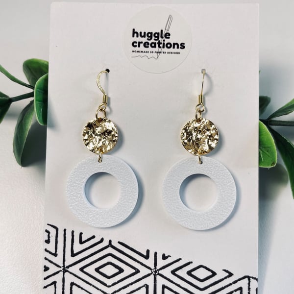 White Geometric Drop Earrings with Hammered Gold-Tone Discs
