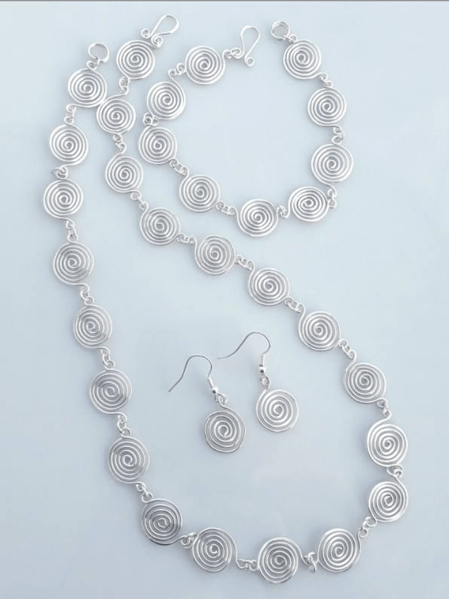 Silver Spiral Matching Jewellery Set, Necklace, Bracelet and Earrings 