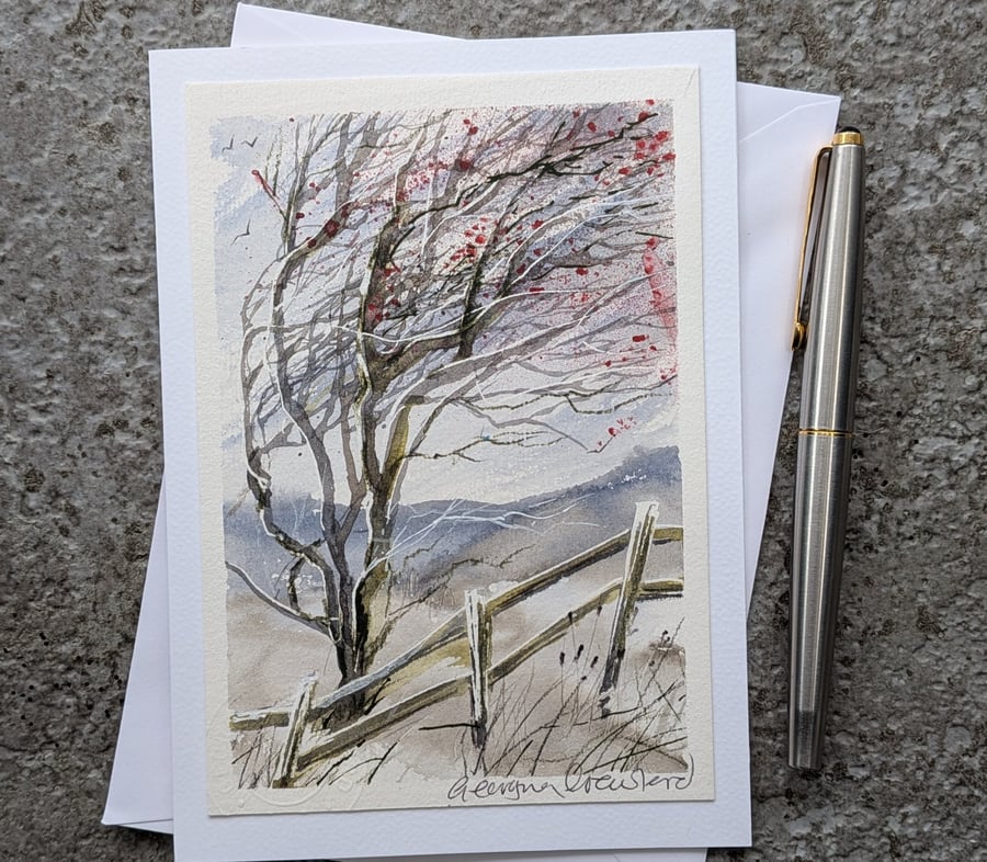 Snowy Thorn. Handpainted Blank Card 260221