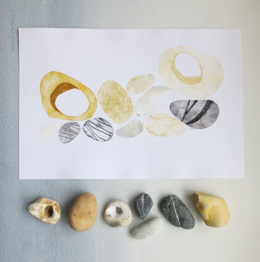 Original monoprint collagraph of Dorset pebbles and hag stones OOAK