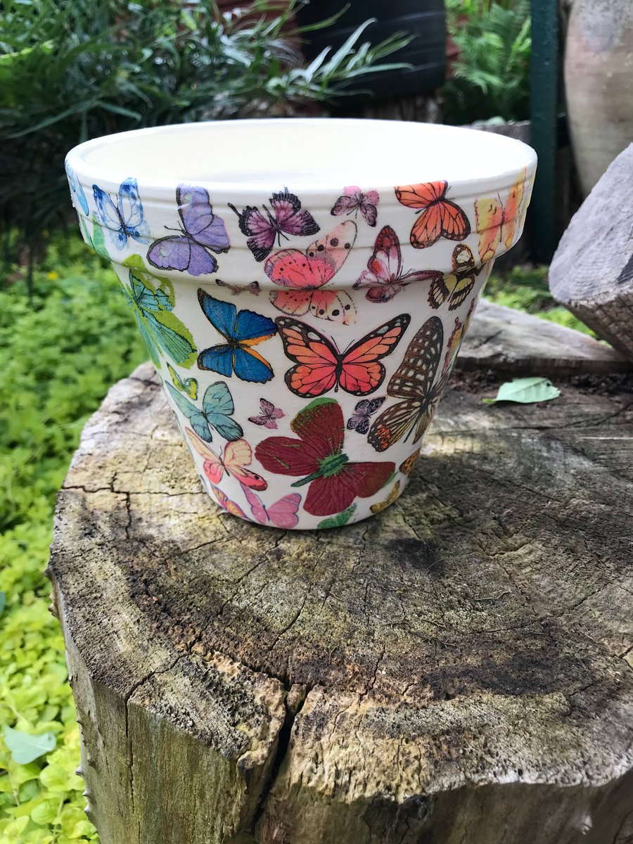 Large Handcrafted 155mm Diameter decoupaged "Butterfly" design terracotta pot