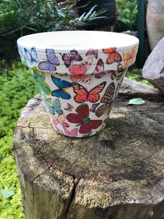 Large Handcrafted 155mm Diameter decoupaged "Butterfly" design terracotta pot