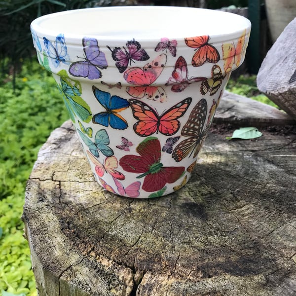 Large Handcrafted 155mm Diameter decoupaged "Butterfly" design terracotta pot