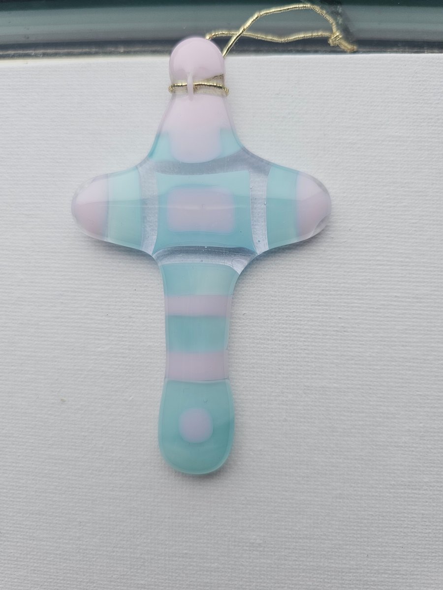 Fused Glass - small cross - pastel blue and pink