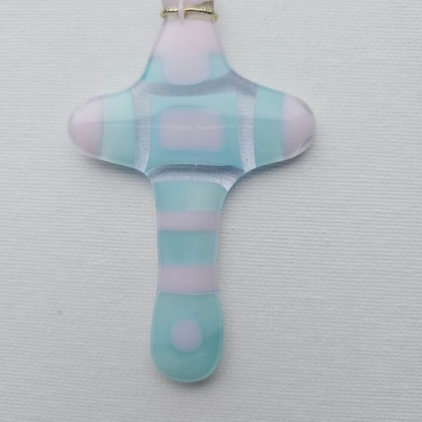 Fused Glass - small cross - pastel blue and pink
