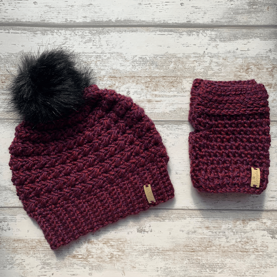 Handmade crochet beanie hat with faux fur pompom and fingerless glove set purple