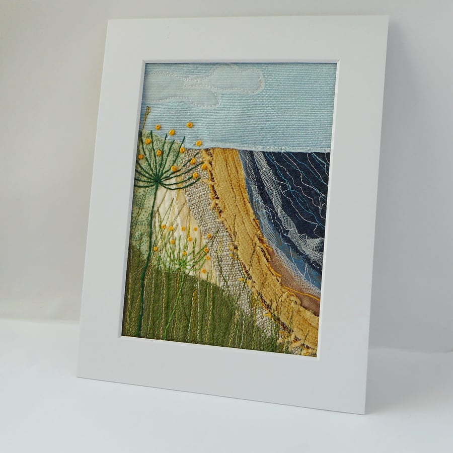 SOLD Beach textile art panel - mounted ready to frame
