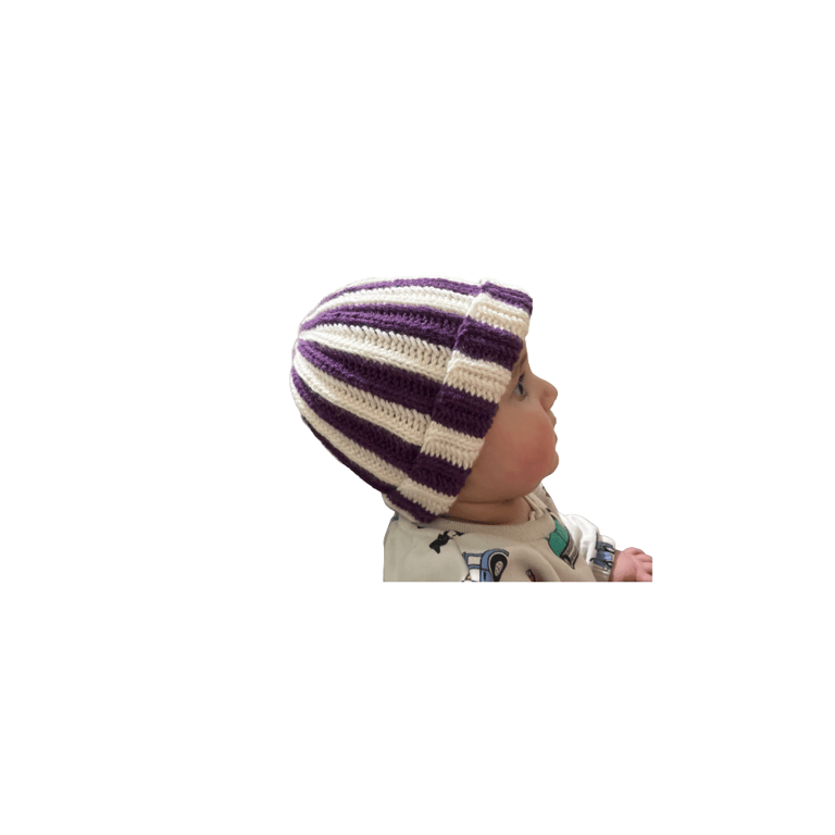 Milky white and purple baby beanie hat for 6 to 12 months 