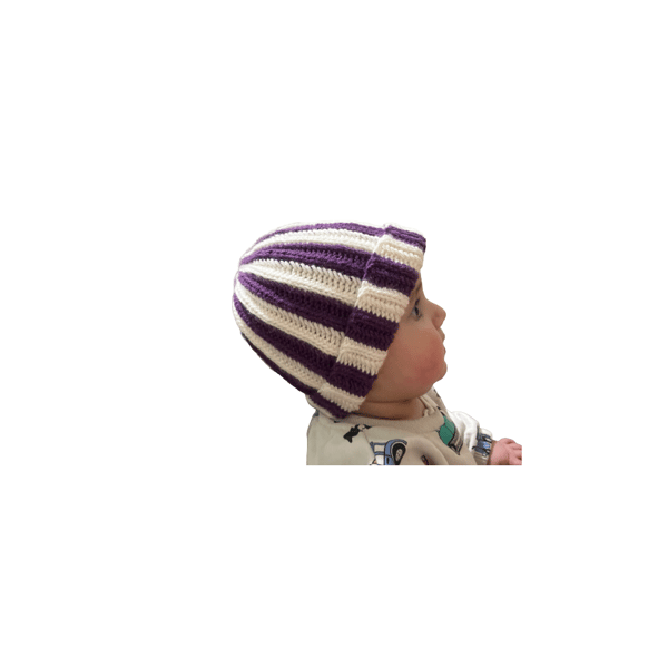 Milky white and purple baby beanie hat for 6 to 12 months 