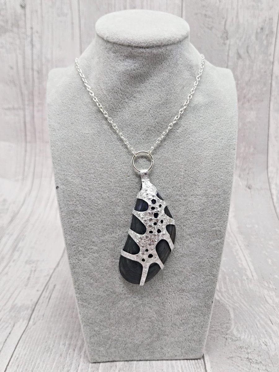 Aluminium Tin and Mussel Shell Pendant Necklace, Sea Inspired Unique Design
