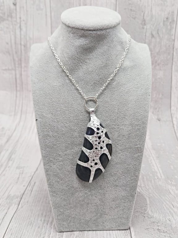 Aluminium Tin and Mussel Shell Pendant Necklace, Sea Inspired Unique Design