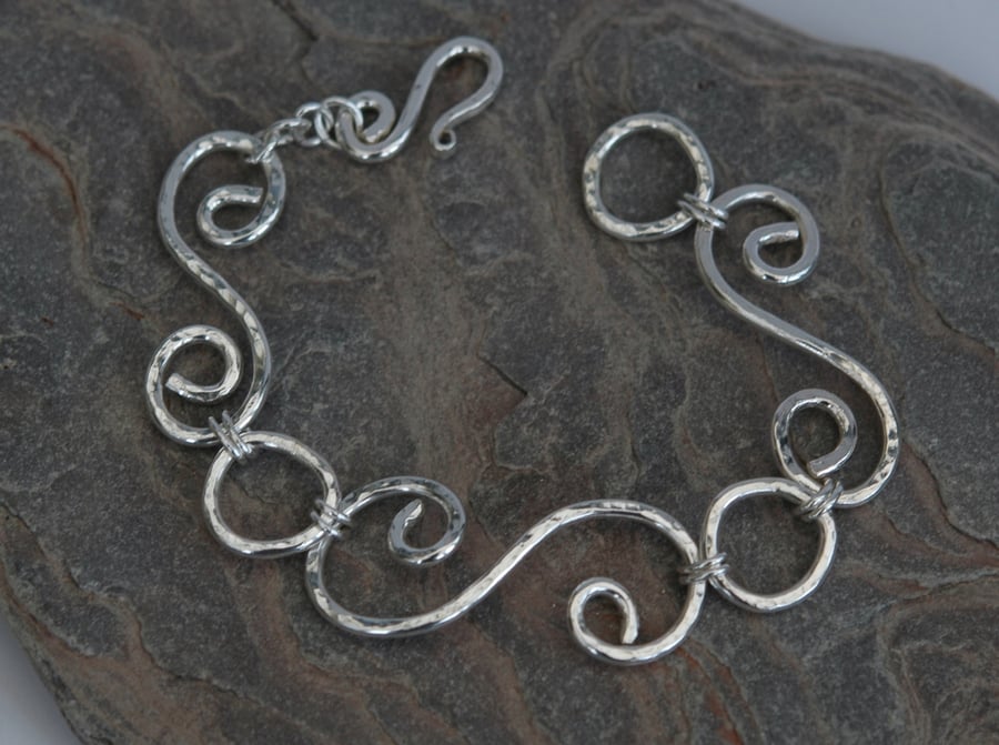 Sterling Silver Scroll Link Chain Bracelet, Hammered, Hallmarked,  B88