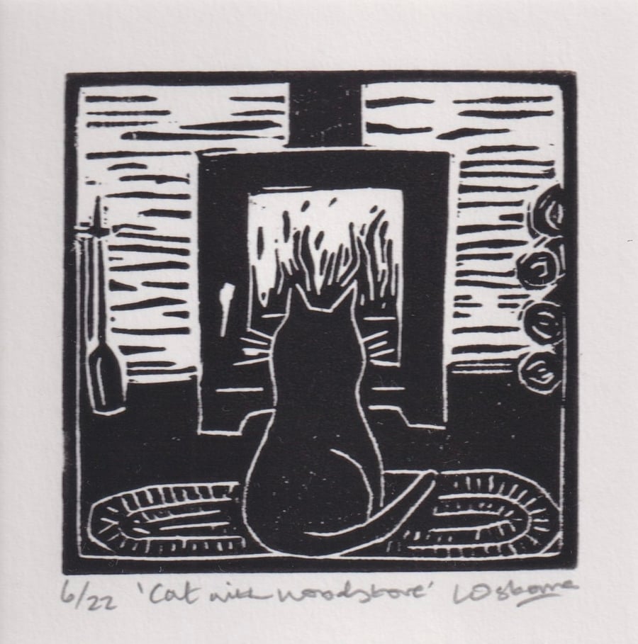 Cat with Woodstove - original linocut