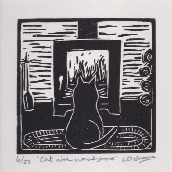 Cat with Woodstove - original linocut