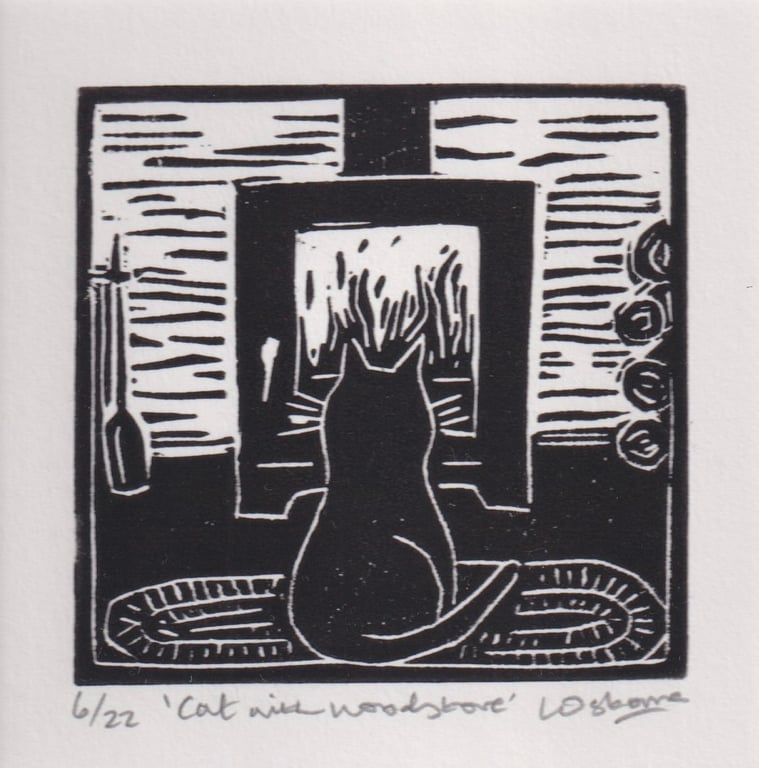 Cat with Woodstove - original linocut