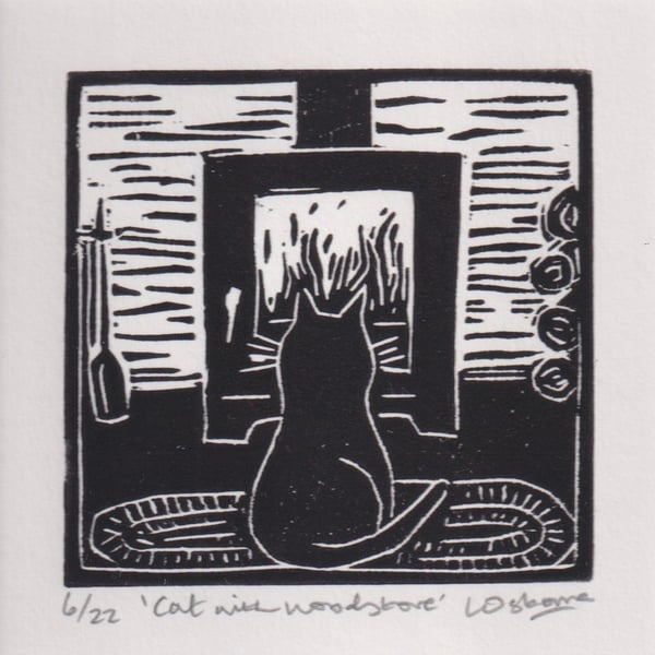Cat with Woodstove - original linocut