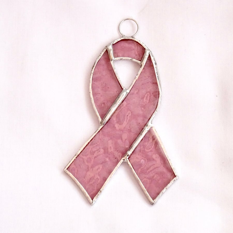 Stained Glass Breast Cancer Awareness Ribbon - Handmade Decoration