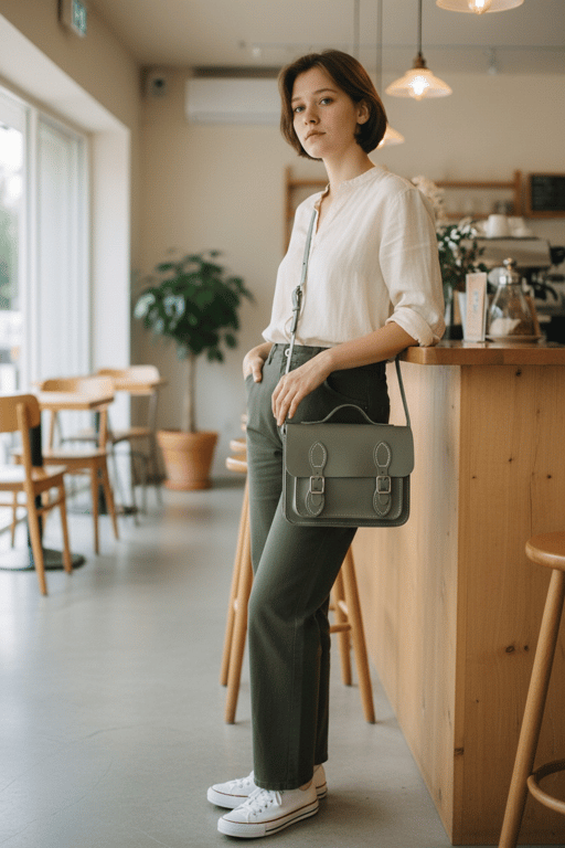 Hand stitched leather satchel in green moss colour way 